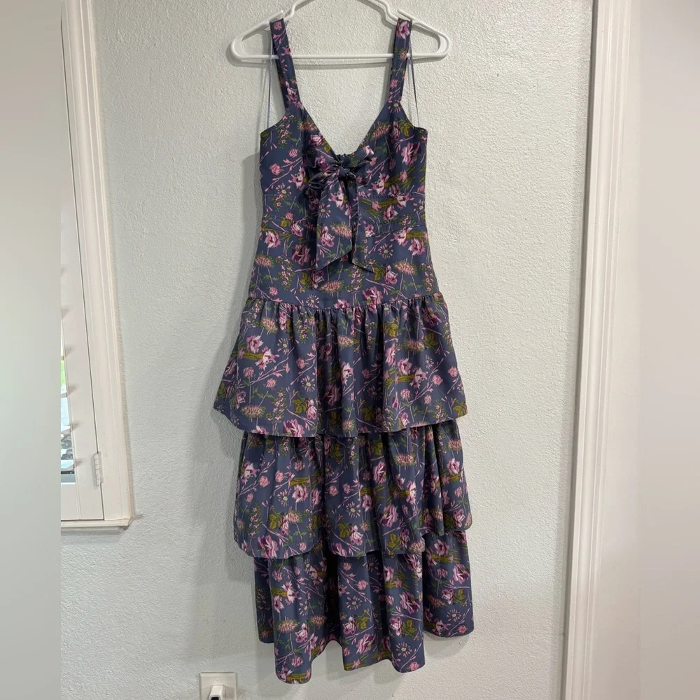 Likely Purple Floral Front Tie Tier Midi Dress - Picture 2 of 12